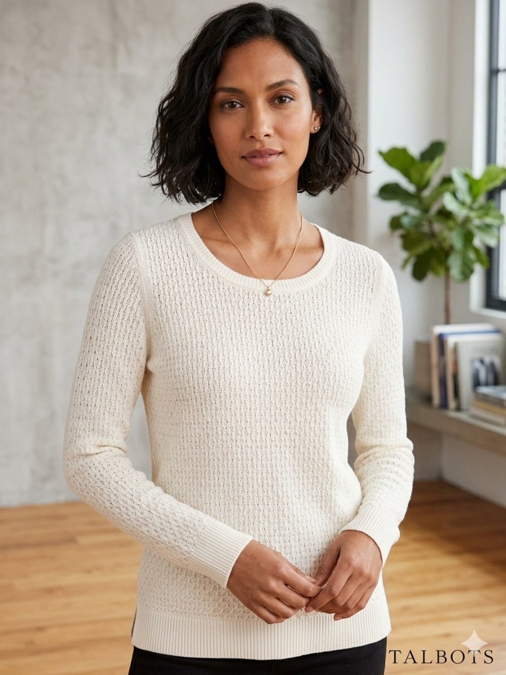 Talbots Cream Textured Knit Scoop Neck Sweater – Soft Lambswool Blend Size M